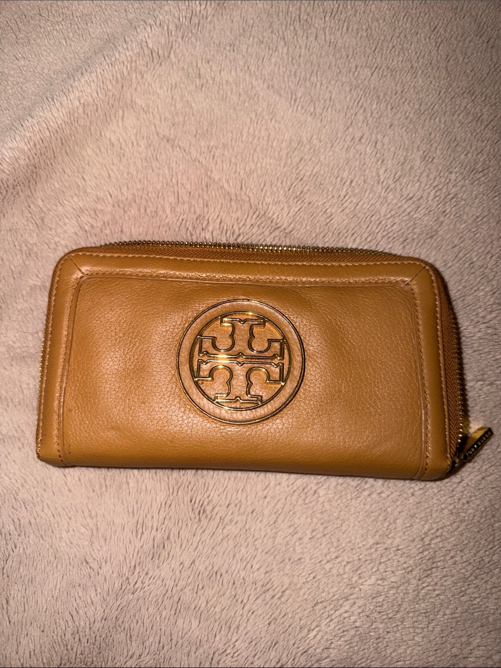 Tory Burch Cognac Leather Zip Wallet with Logo Medallion